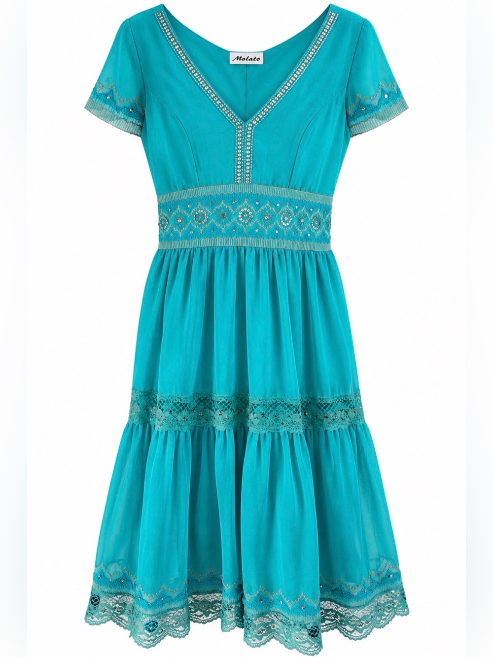 Molato Turquoise Embellished Lace Boho Midi Dress Size S